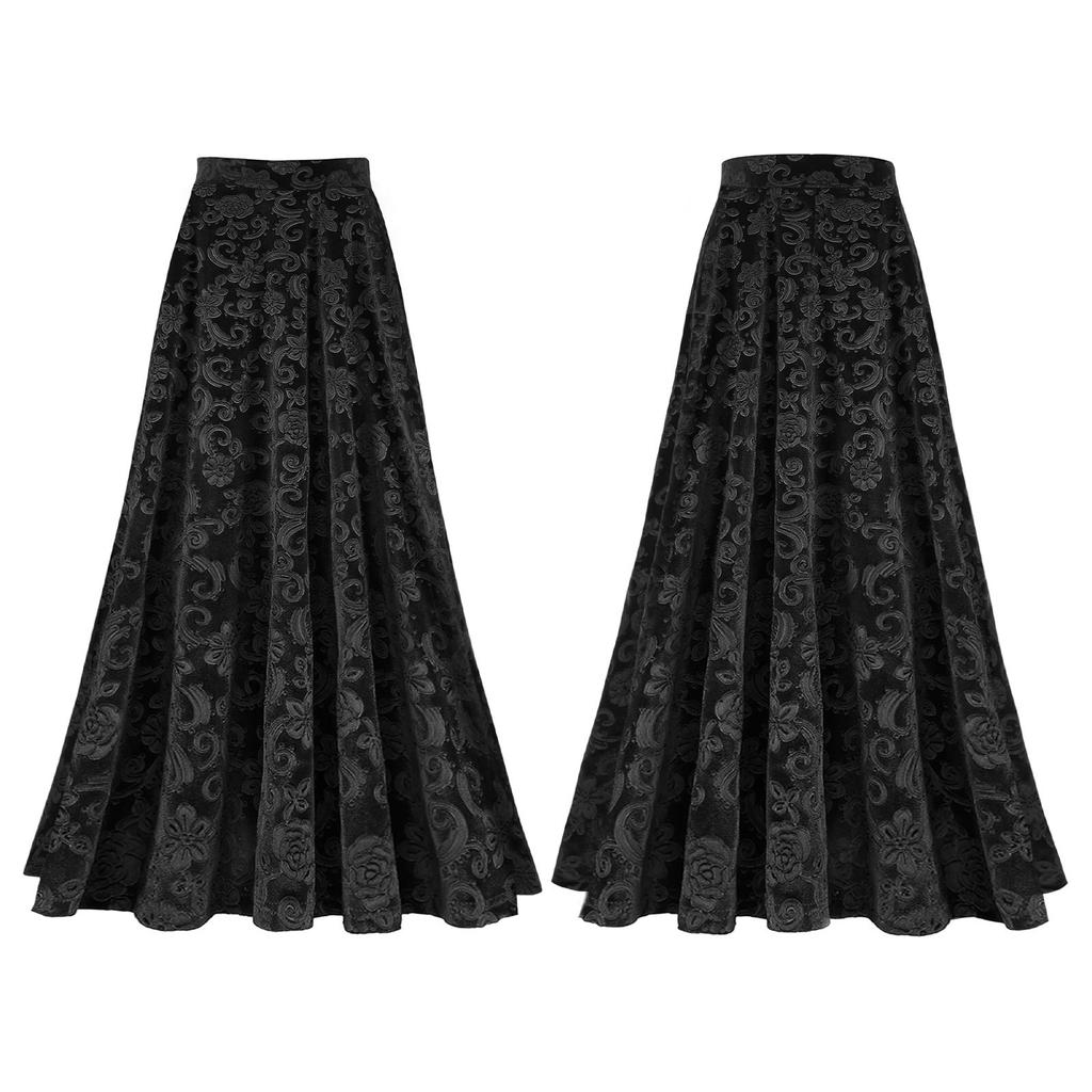 Women Retro Floral Print Skirt Elastic Waistband Solid Color Vintage Style for Wedding Party Banquet