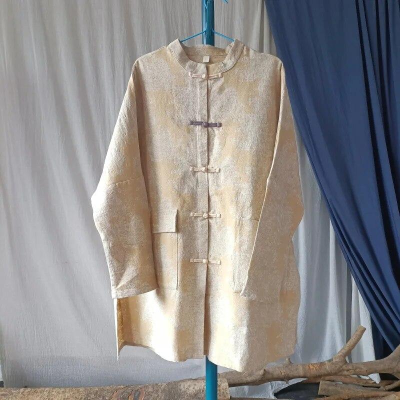 Johnature Women Vintage Jacquard Stand Long Sleeve Trench Button Spring Coats Chinese Style Patchwork Pockets Trench