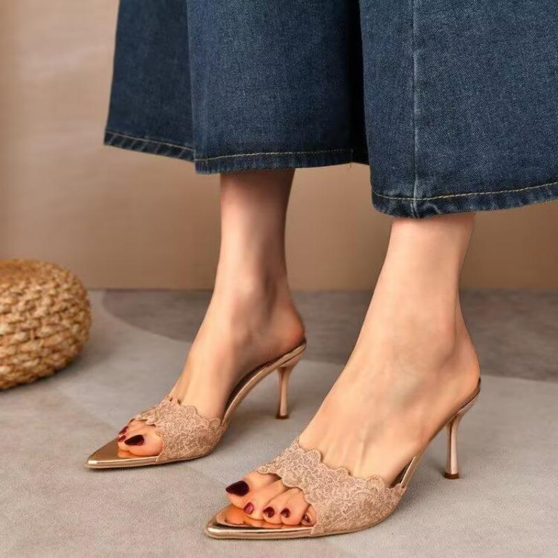 Fashion Summer High Heels Slippers Women Elegant and Classy New In Sandals Stylish Stiletto Heel Luxury Designer Gold