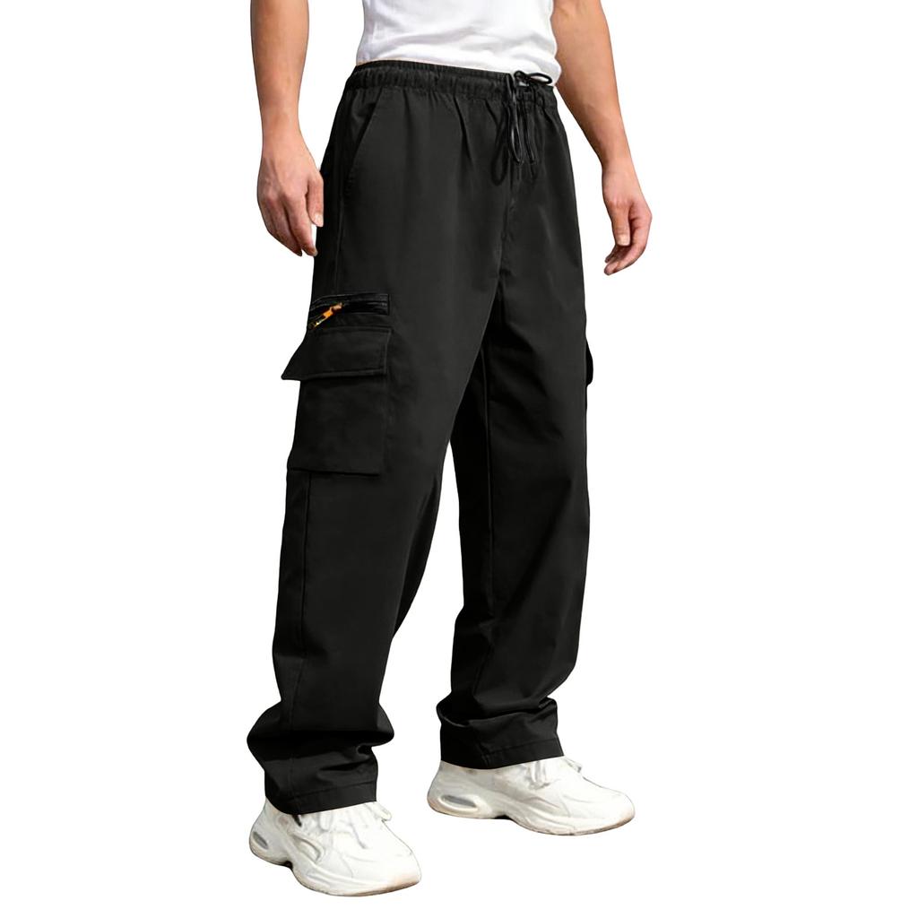 Men's Multi Pocket Work Pants Casual Loose Fit Utility Trousers with Drawstring Waist Durable Material for Daily Wear