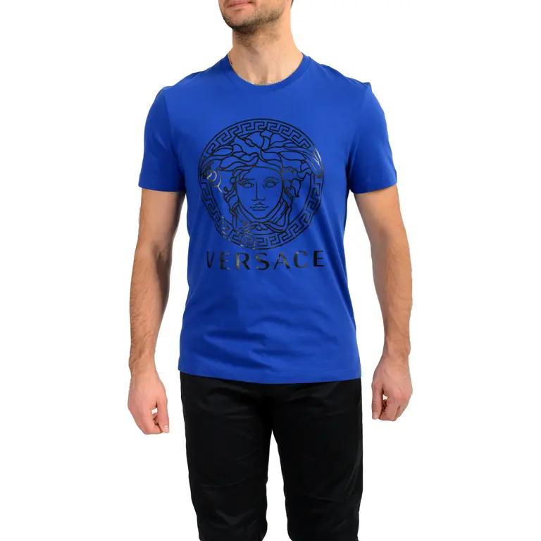 Versace Logo Buchstabenmuster Bedrucktes Rundhals-Kurzarm-T-Shirt Herren Oberteile Blau A89497S-A230901-2UB80
