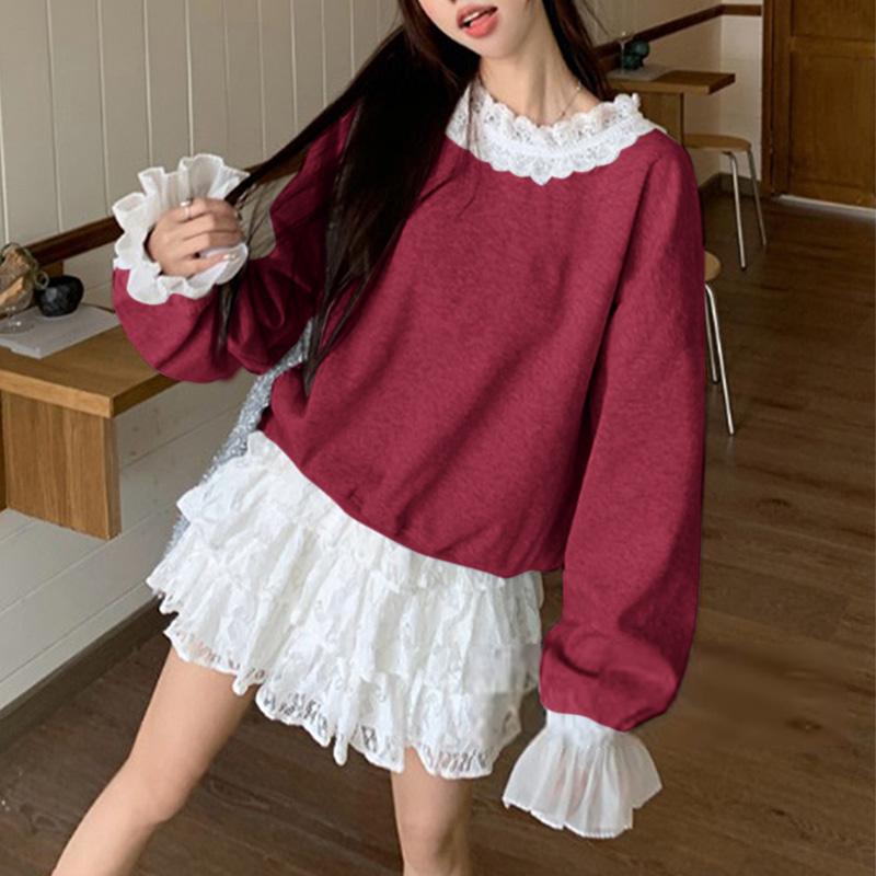 VONDA Women Lace Crochet Long Sleeve Patchwork Casual Pullovers Blouse