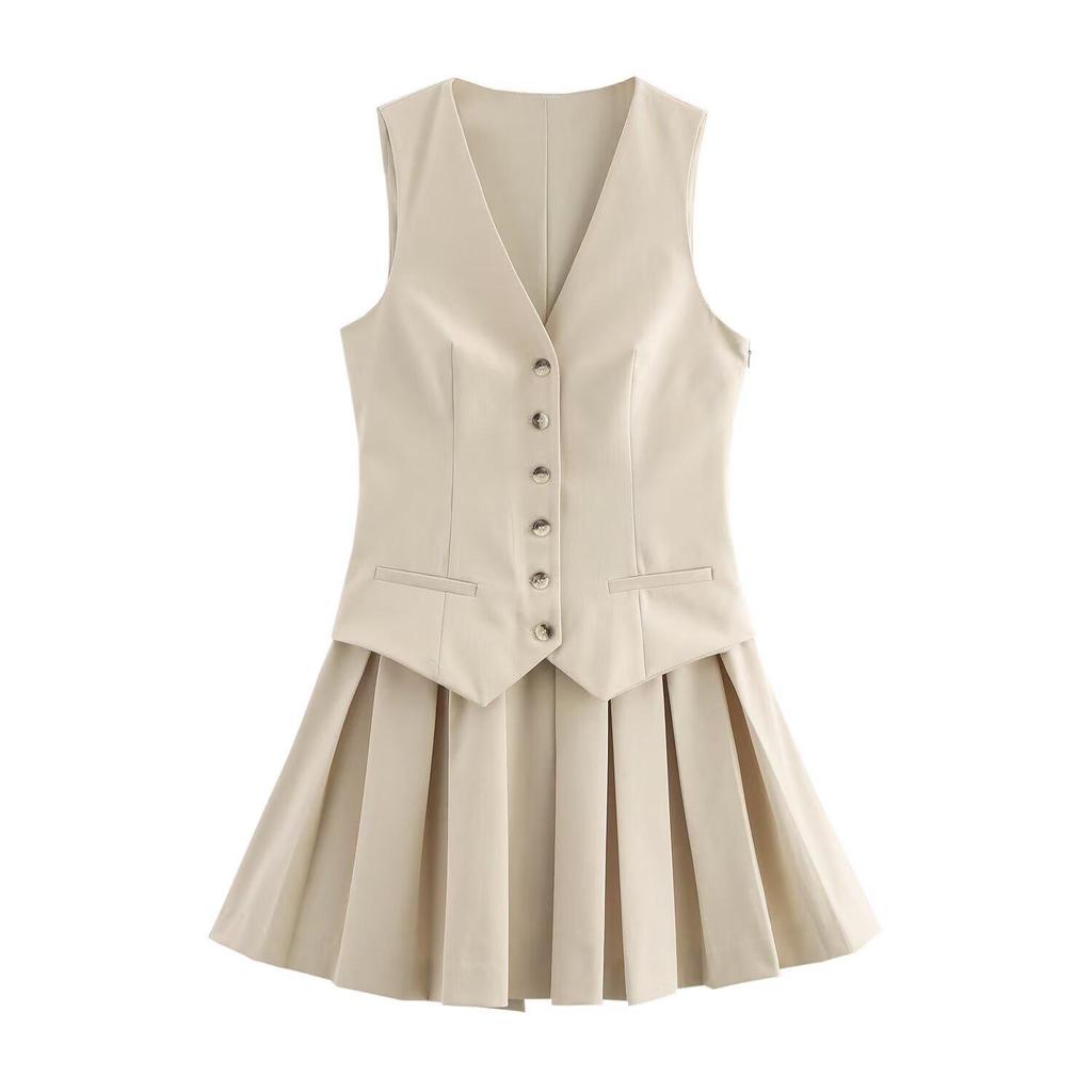 2024 Autumn Women's European & American Style Pleated Striped Vest Dress