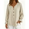 Women Button Long Sleeve Linen Cotton Blouse Casual Loose Fit Lightweight Breathable Top with Elastic Cuffs and Front Button Closure
