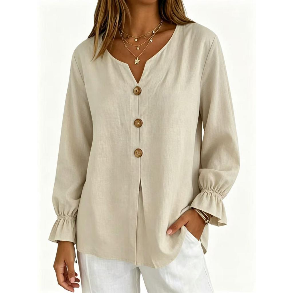 Women Button Long Sleeve Linen Cotton Blouse Casual Loose Fit Lightweight Breathable Top with Elastic Cuffs and Front Button Closure