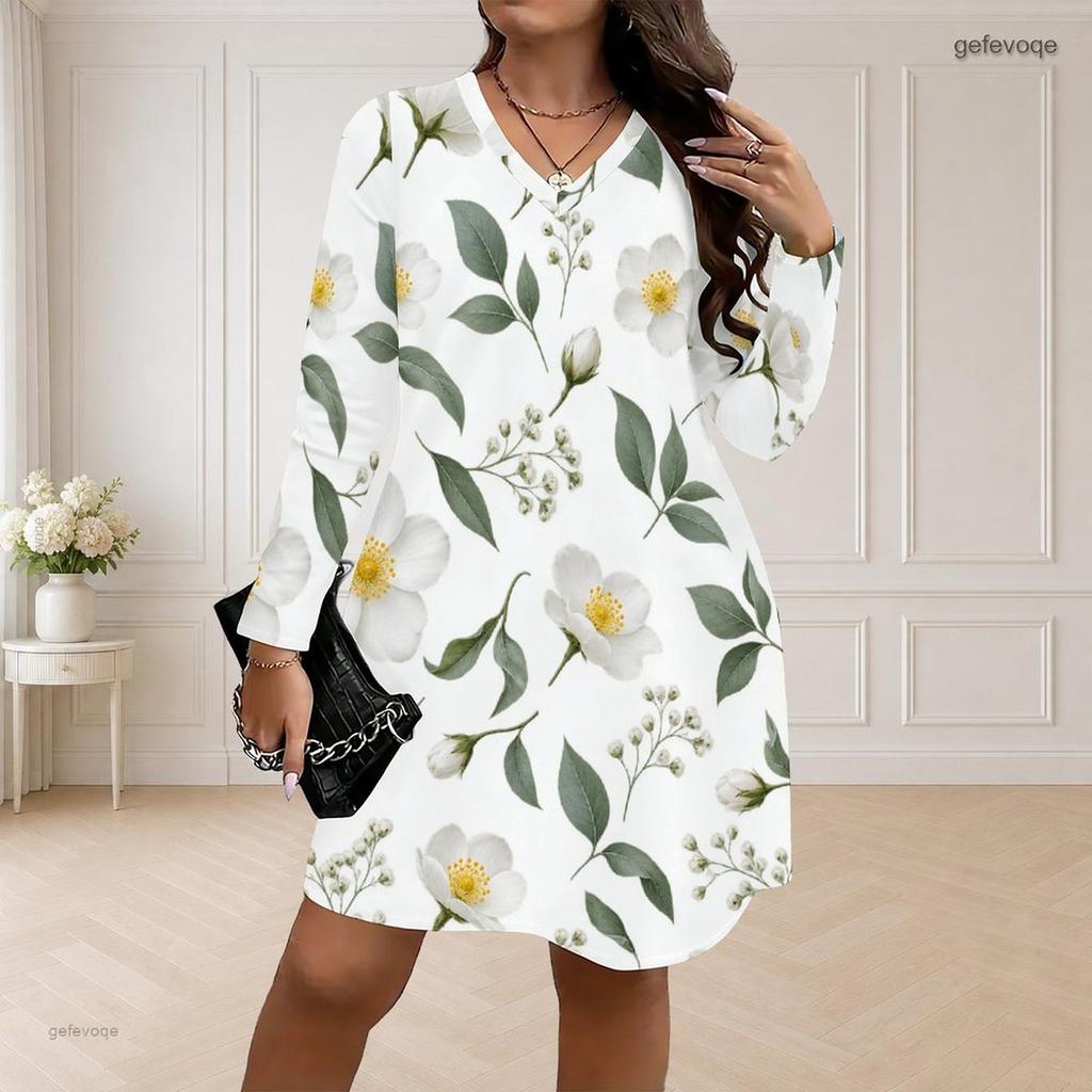 Women Plus Size V Neck Long Sleeve Floral Printed White Loose Curved Hem Dress