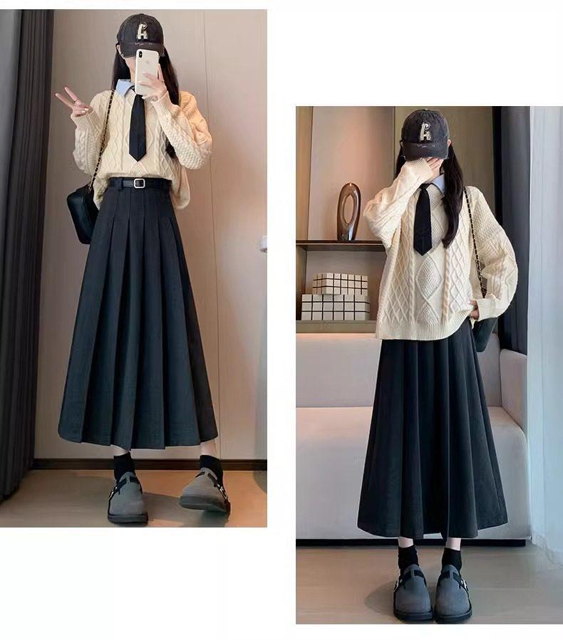 2026 Women's Petite High-Waisted Gray Wool Blend Pleated A-Line Skirt - Autumn Style