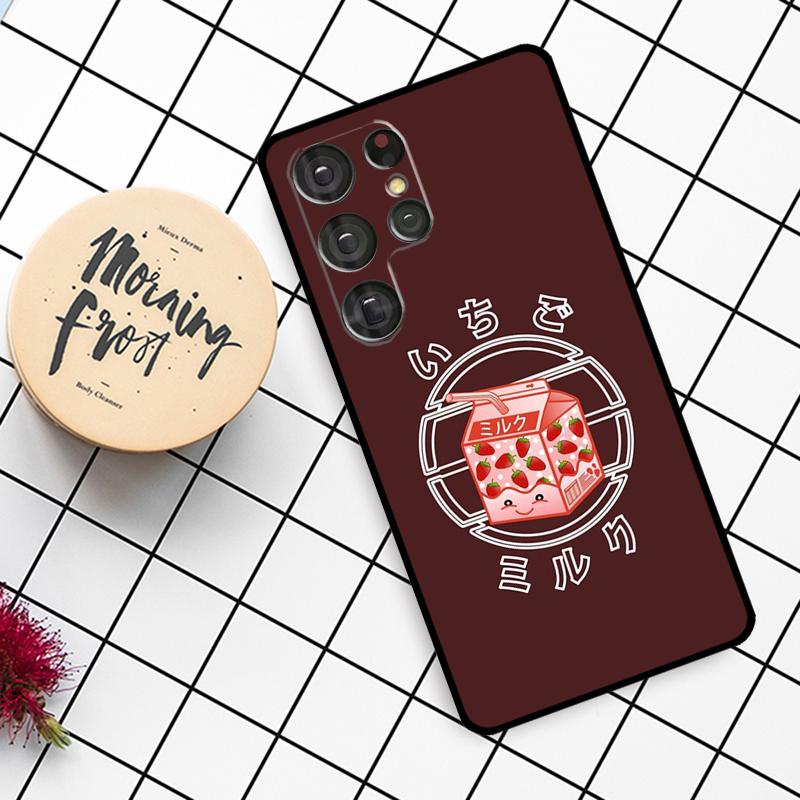 Cute Strawberry Milk Box Case For Samsung Galaxy S25 Ultra S23 S22 S21 S20 S24 Ultra S9 S10 Plus S25 FE Phone Cover