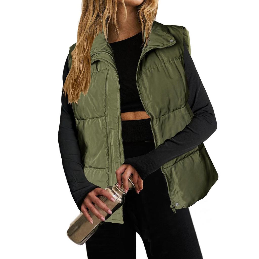 Women's Fashion Casual Solid Color Print Autumn Winter Sleeveless POLO Neck Jackets & Coats