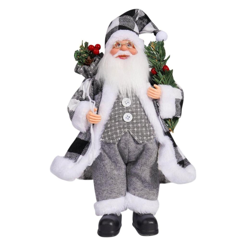 12" Świąteczne Figurki Świętego Mikołaja Stojąca Figurka Świętego Mikołaja Ubrana w Niebieski Płaszcz, Torba z Prezentami i Pudełko z Prezentem w Ramionach, Prezenty na Święta Zima