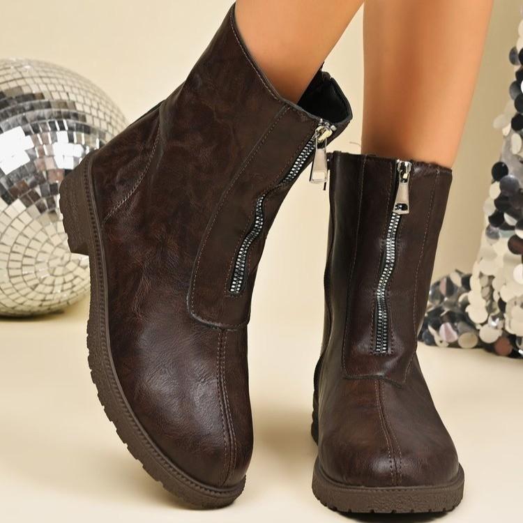Fashion Leather Chelsea Boots Women's Spring Autumn Ort  Boots Round Toe Zipper Closure Warm Thiened Sole Casual Booties