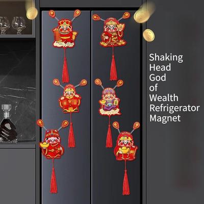 6 Stück Jahres schüttelkopf Gott des Reichtums Kühlschrankmagnet zum Anziehen von Reichtum, festlicher Ohren bewegender Gott des Reichtums Laser bunter Anhänger Aufkleber