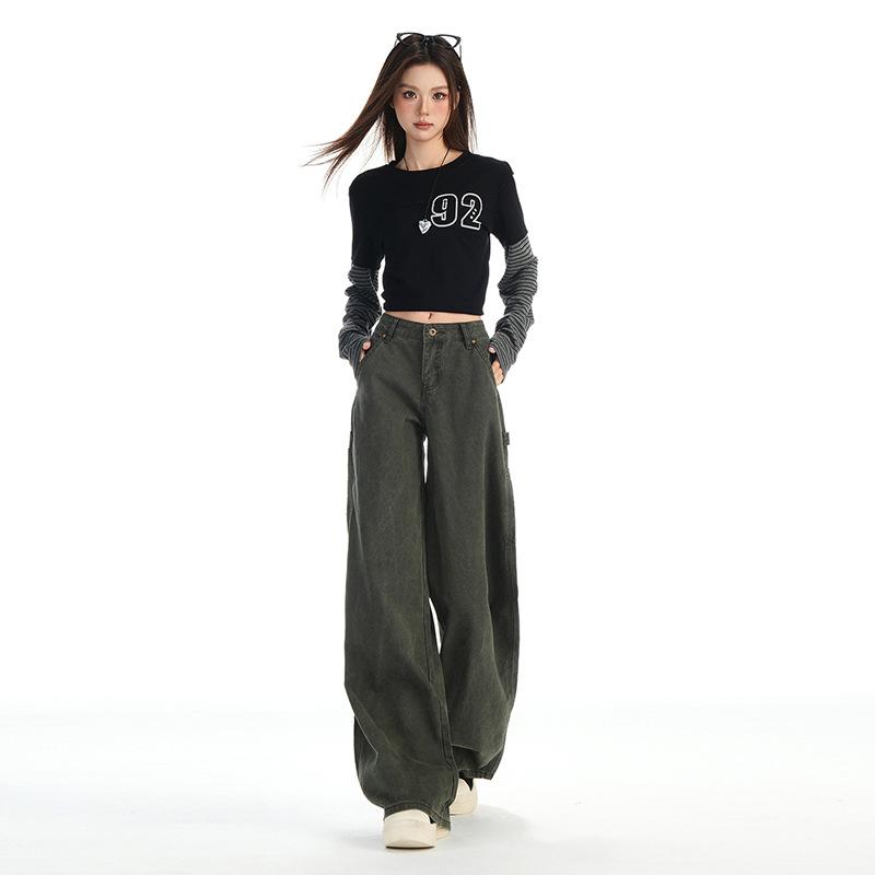 Army green utility jeans for women, new autumn American low-rise loose straight-leg versatile wide-leg pants