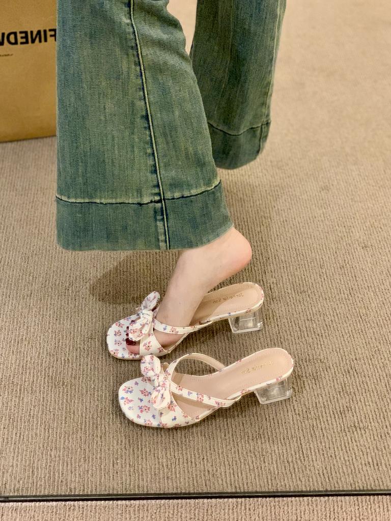 Korean version crystal thick heel bow retro yellow open-toed thin cool slippers fashion women's summer new one-word drag