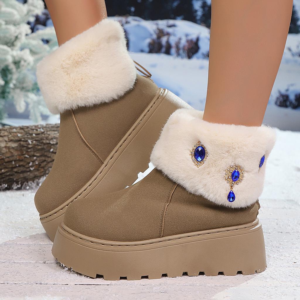 Shiny Rhinestone Chunky Platform Snow Boots Women Non Slip Thick Bottom Cotton Shoes Woman Winter Warm Thicken Plush Ankle Botas