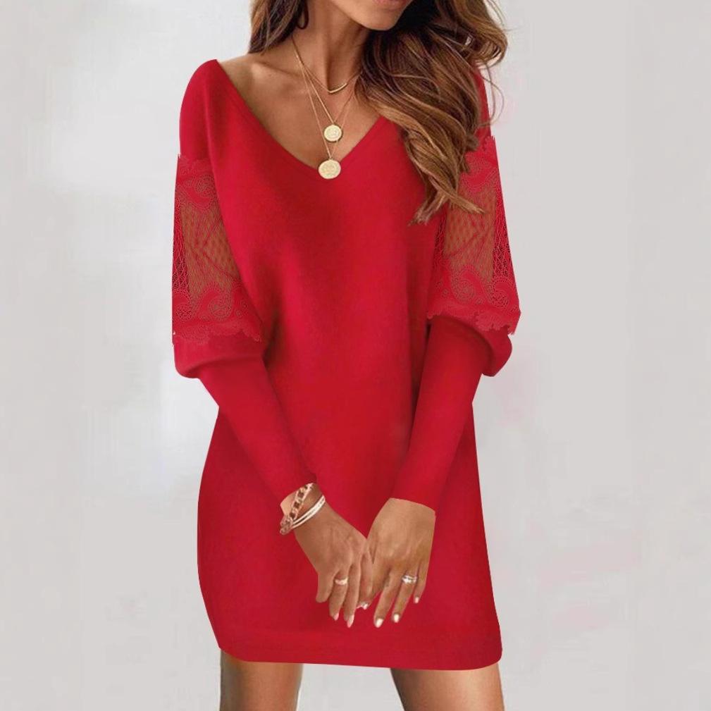 Women Long Sleeve Mini Dress Lace Stitching Hollow Out V Neck Casual Loose Dresses