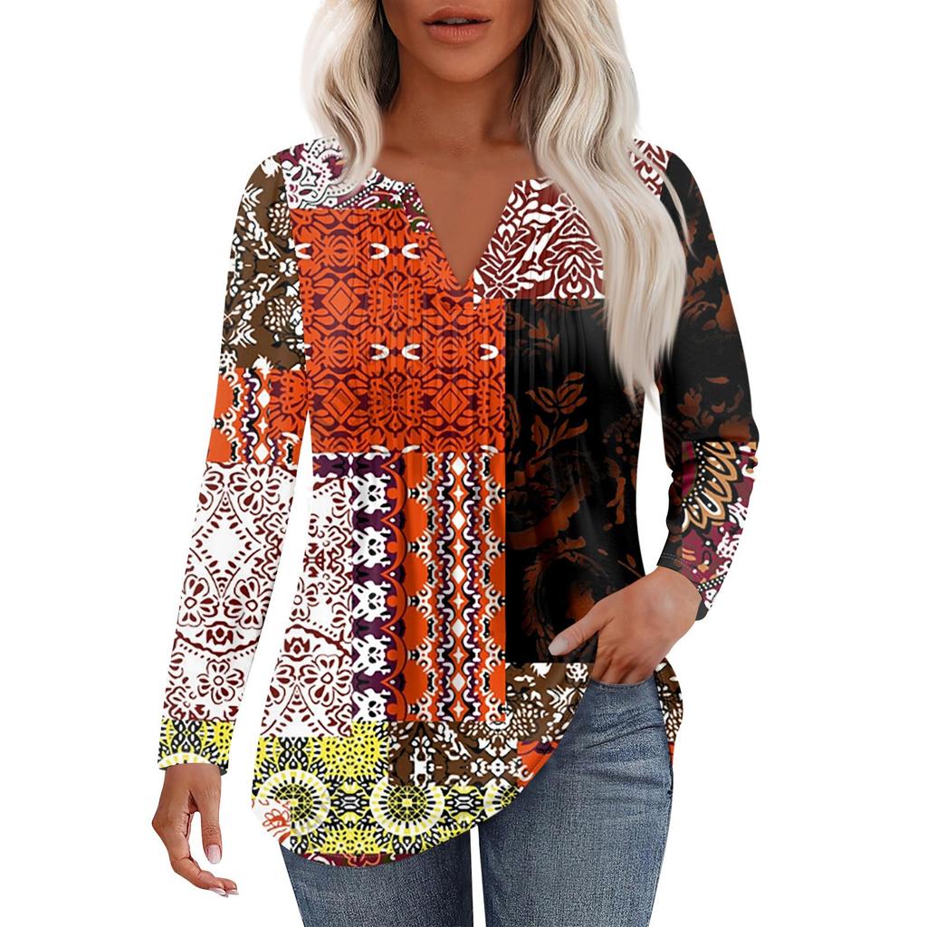 Dámská móda Ležérní Plisované Tričko s V výstřihem a Dlouhým Rukávem Elegantní Top