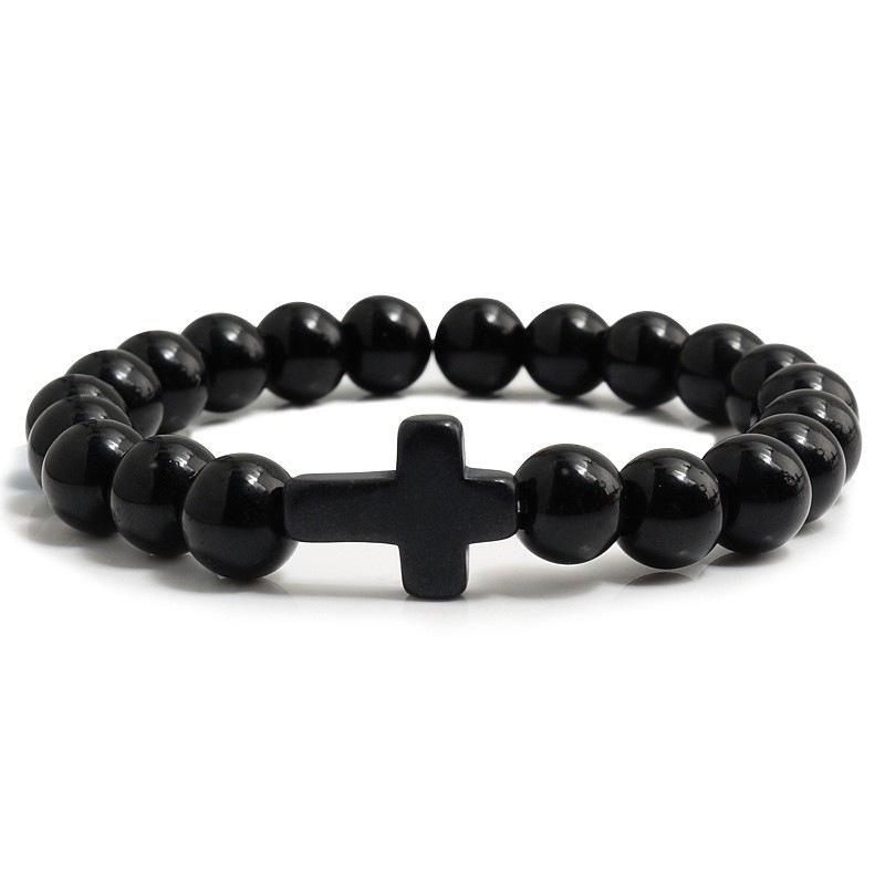 Turquoise Cross Elastic Yoga Bracelet with Black Volcanic Stone
