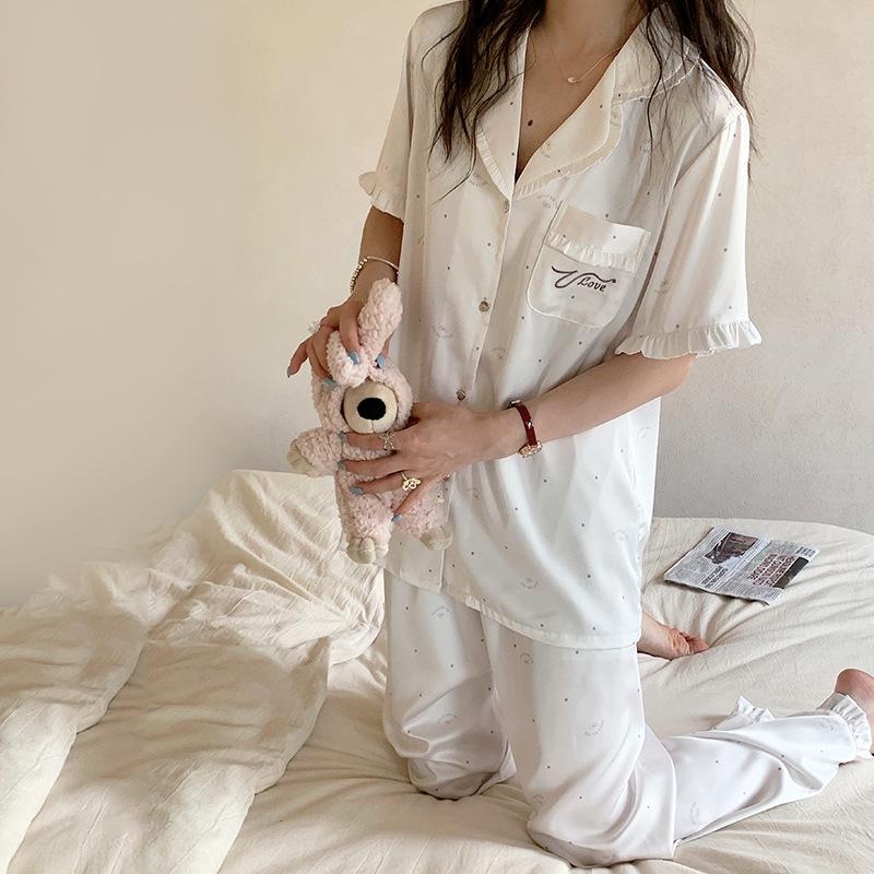 1011 new pajamas women's summer ice silk short-sleeved trousers set Korean fresh cartoon printed loungewear