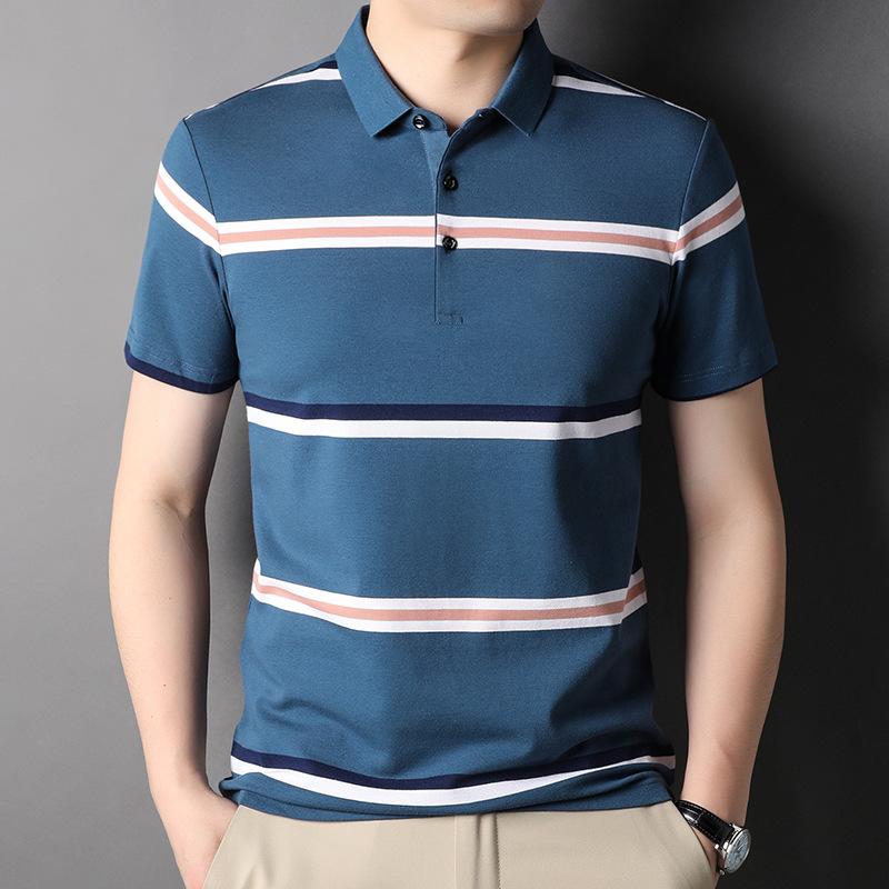 

Нові літні чоловічі сорочки поло з відворотом і короткими рукавами Чоловічі топи Бавовняні футболки в смужку, пофарбовані в пряжу XXXXL