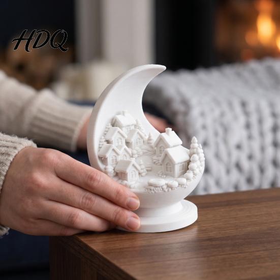 Study Room Desk Sculpture 3D Printed Crescent Moon and Snowy Village Figurine Mini House Statue Unique Resin Craft Ornament with Stable Base,