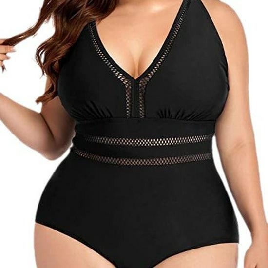 2023 Plus Size V-Neck Backless One-Piece Bikini Swimsuit with Hollow Out Solid Color Design