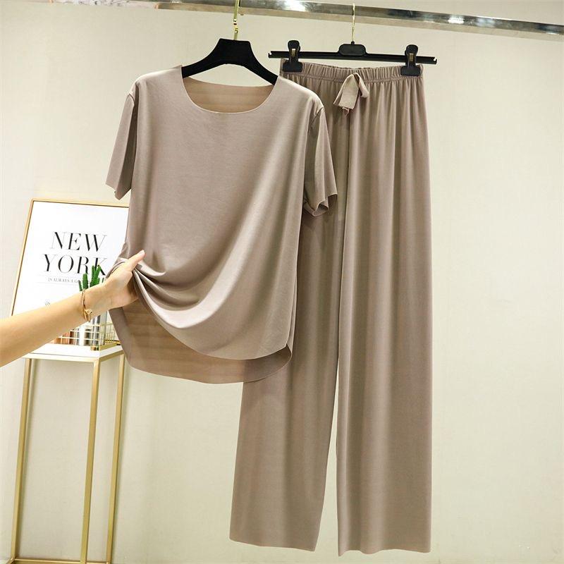 2025 Spring and Summer Ice Silk Pajamas Two-piece Short-sleeved Long Pants Colorful Large Size Breathable Leisure Home Wear Suit