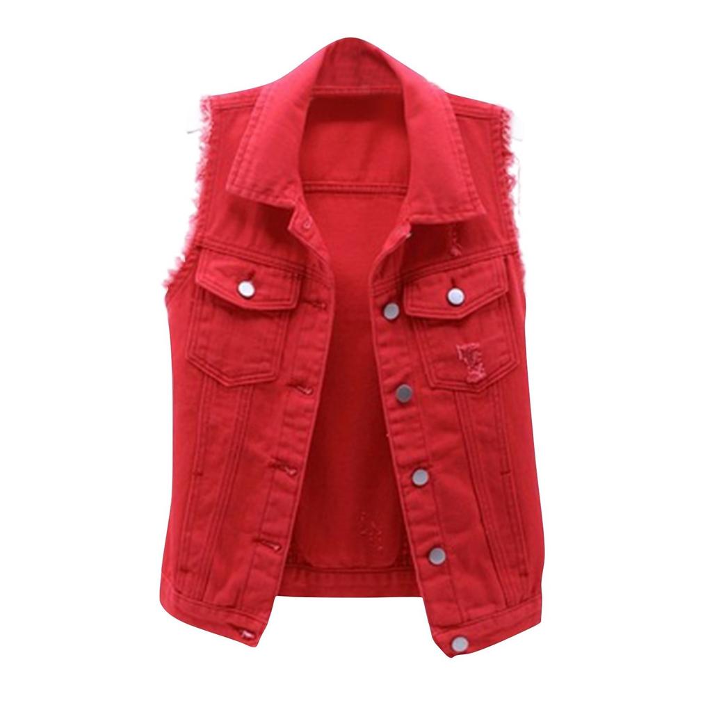 Women's Fashion Solid Color Sleeveless Pocket Short Style With Frayed Edges And Holes Cardigan Vest Jacket