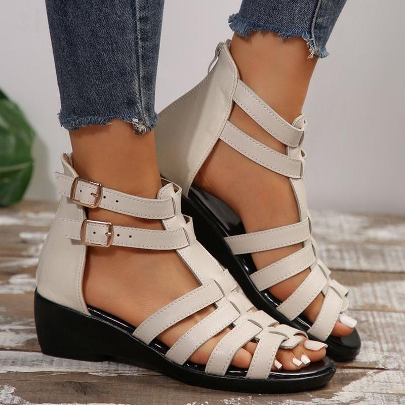 Sandali estivi da donna con plateau e zeppa, punta tonda, sandali aperti, scarpe da spiaggia da donna con cinturino con fibbia, sandali beige da donna