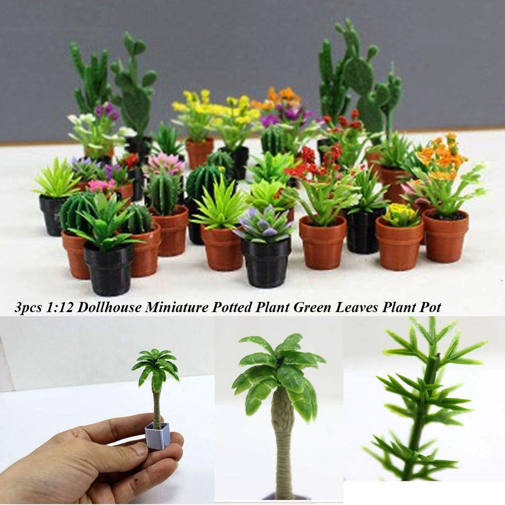 3pcs Mini Green Leaves Plant Pot 1:12 Play House Decor  Doll House Accessories