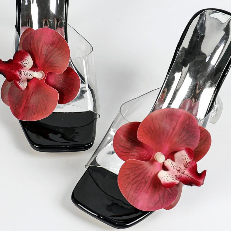 Fashion Elegant Flower Square Toe High Heeled Sandals Women Sexy Open Toe Transparent PVC Slippers Comfort 35-46 Large Size Beach Shoes