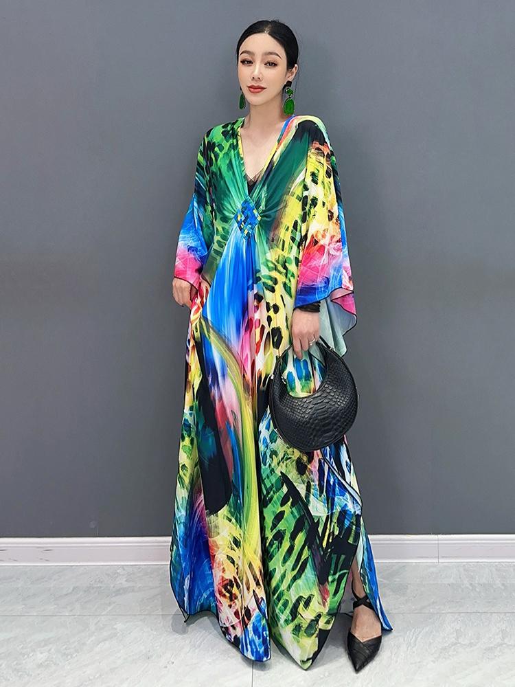 XITAO Batwing Sleeve V-neck Print Dress Loose Women ZY8774