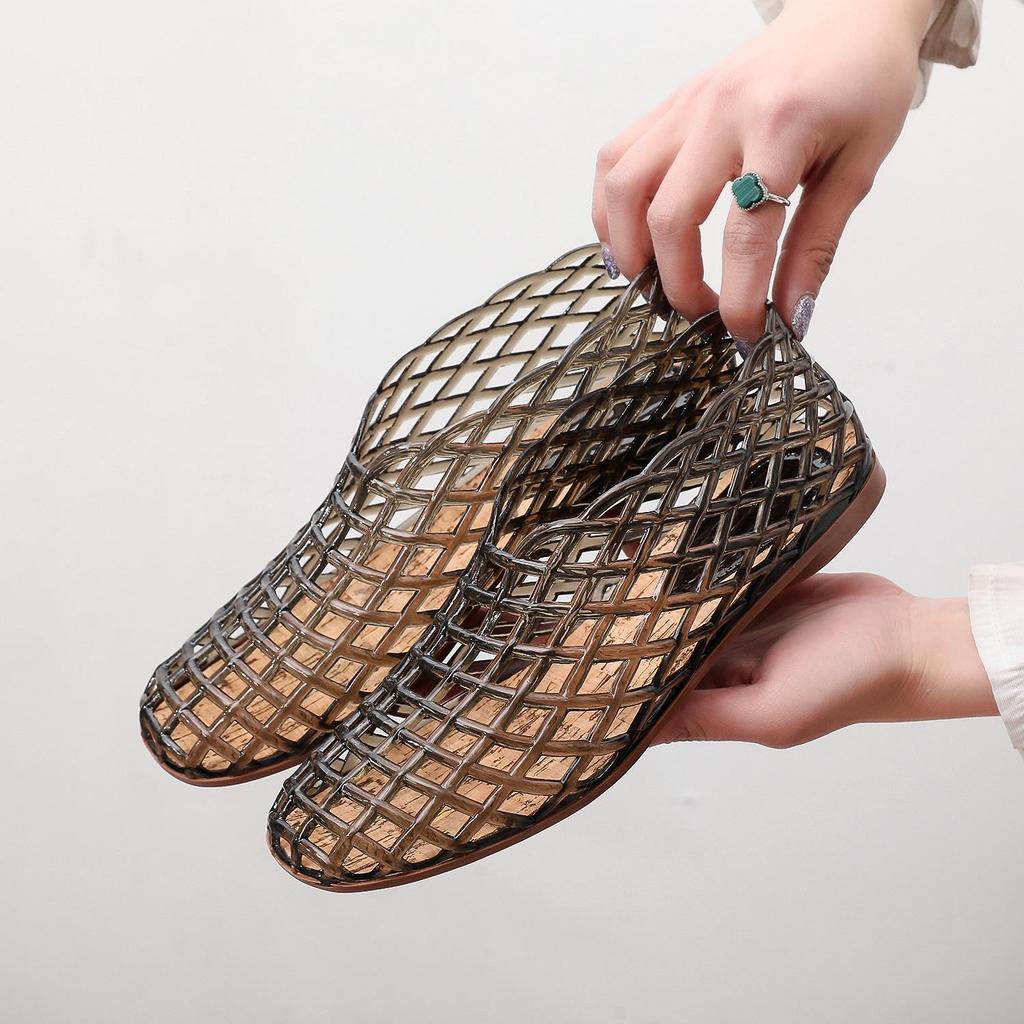 Women's 2025 Mesh Crystal Jelly Sandals: Hollow Out, Flat, Comfortable Slip-On, Korean Style.