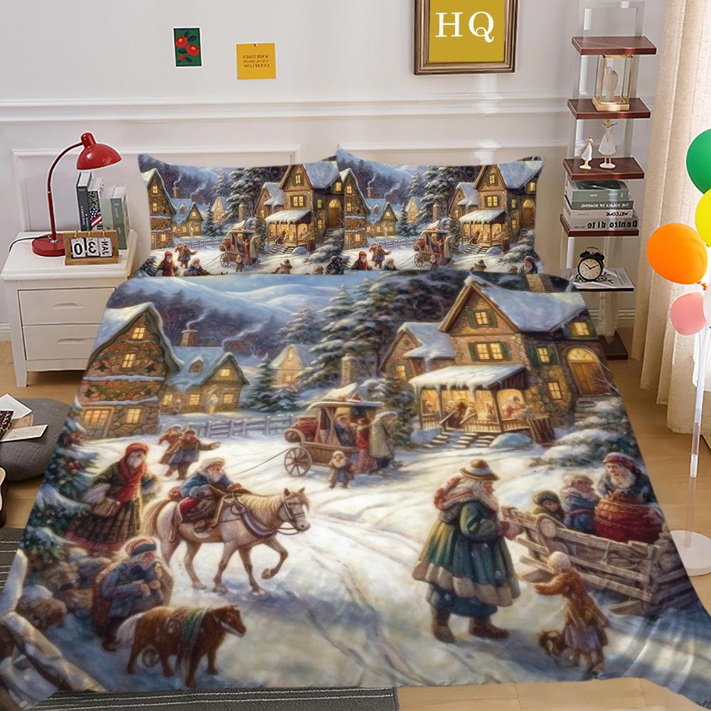 Christmas Carriage Snow Scene 3D Printed Polyester Pillowcase Quilt Cover Two Or Three-Piece Set Can Be
