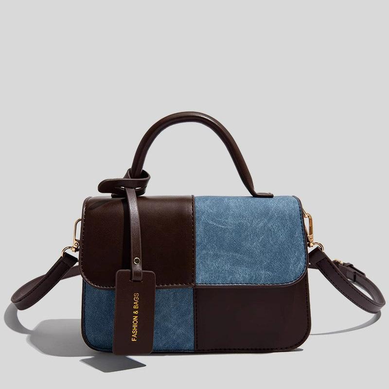 Bag women's splicing texture niche design messenger women's bag French retro bag tide flip small square bag women