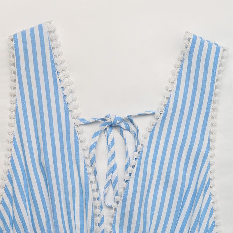 VEZFAA Women's Fashion Summer Spring Stripe Print Sleeveless V-Neck High Waist Casual Dresses