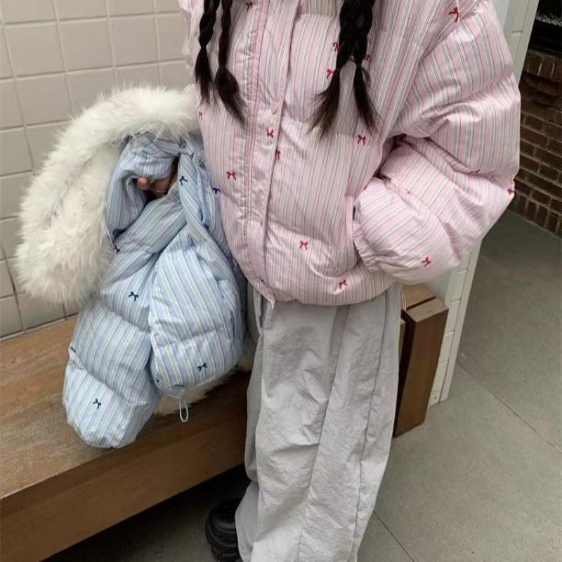 Womens Winter Puffer Coat With Hood Striped Bow Detail Faux Fur Trim Warm Thick Cotton Jacket