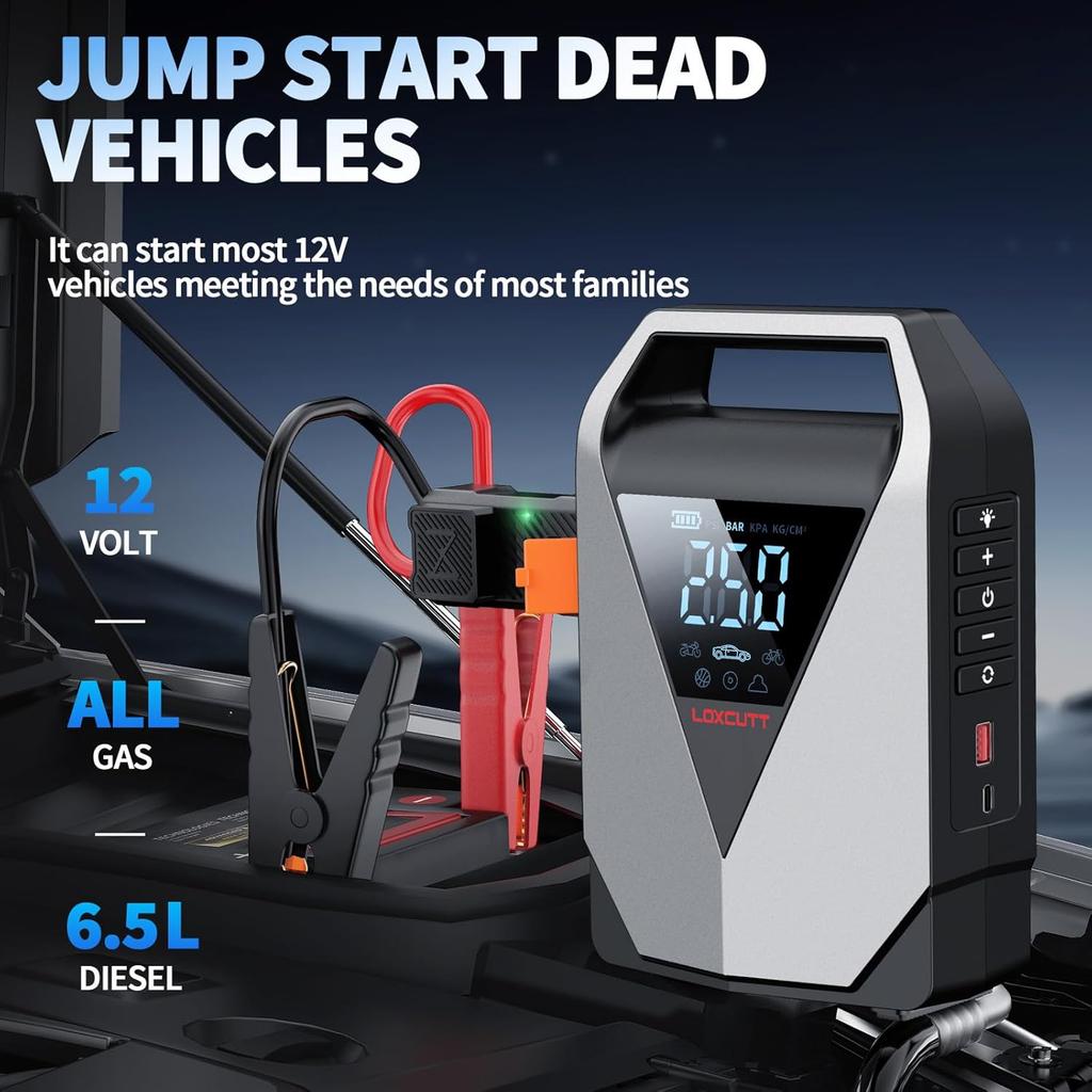 Car Jump Starter 1800A, 12000mAh with Air Compressor, 150PSI Auto Shut-Off, LCD Display, LED Light, QC3.0