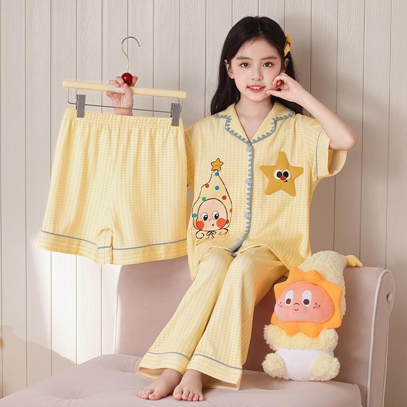 Cotton Cartoon Pajama Set Girls 8 Years Short Sleeve Shorts 3-Piece Sleepwear Home Outfit