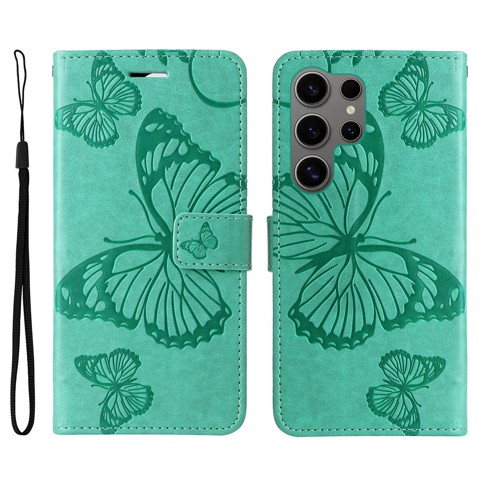 

For Samsung Galaxy S25 Ultra Wallet Case Floral Butterfly Imprinted Leather Phone Cover Stand Green