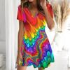Summer Fashion Women's V Neck Short Sleeve Radiation Printed  Dress Sex Short Skirt Dresses