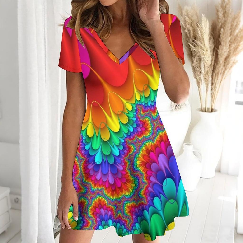 Summer Fashion Women's V Neck Short Sleeve Radiation Printed  Dress Sex Short Skirt Dresses