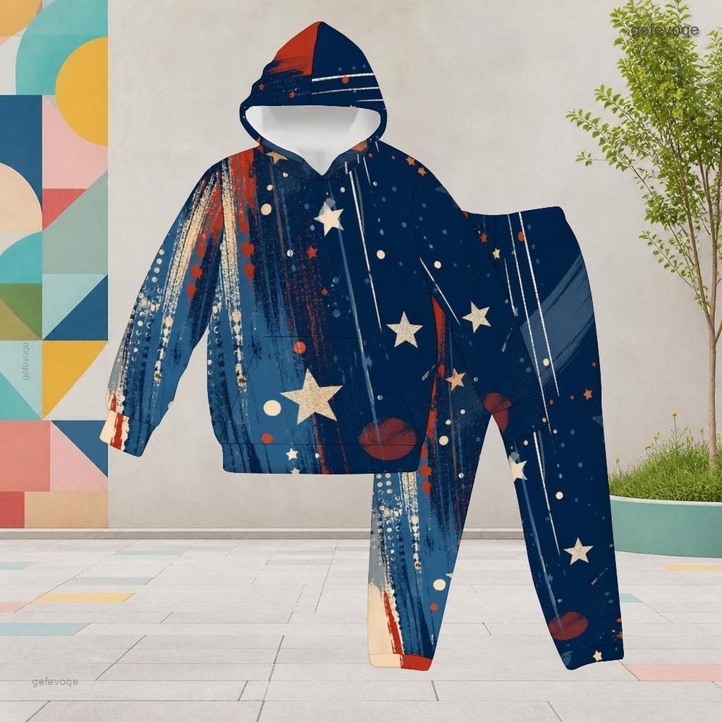 Girls Printed Hooded Long Sleeve Two Piece Pants Set Kangaroo Pocket Cuffed Sweatpants