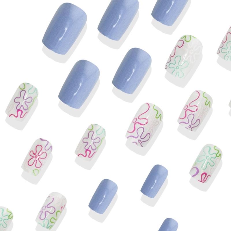 Unghii pătrate presate cu flori, unghii false adezive în 12 mărimi, 24 buc. tipsuri unghii french pentru decorațiuni nail art DIY