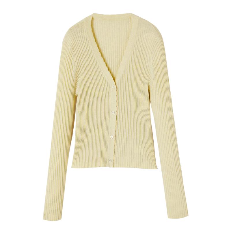 Women s Yellow Ribbed Knitted V-Neck Cardigan L
