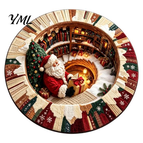 Soft Crystal Velvet Mat 3D Optical Illusion Round Christmas Rug, Cute Santa Claus Floor Mat, Holiday Area Carpet Vivid Printed Circular for