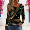 Women Plus Size Asymmetric Cutout Neck Cold Shoulder Long Sleeve Black Gold Printed Fitted Top
