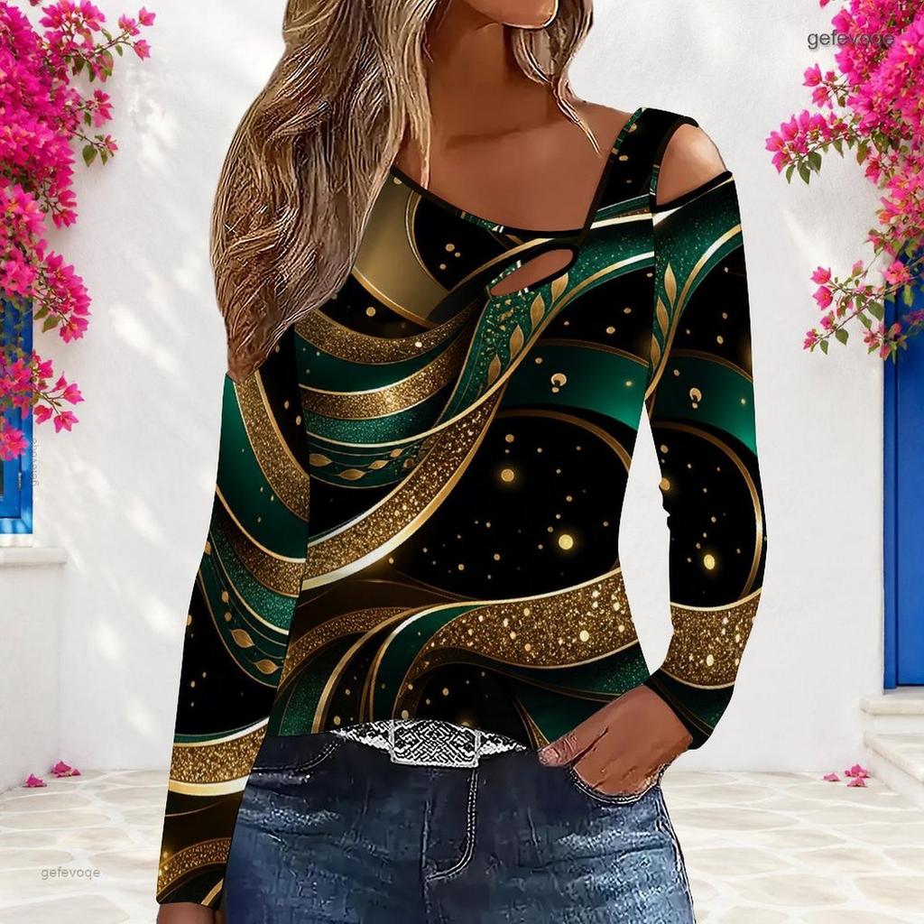 Women Plus Size Asymmetric Cutout Neck Cold Shoulder Long Sleeve Black Gold Printed Fitted Top