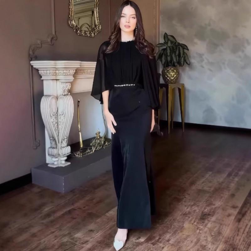 2026 Elegant Long Formal Dress A-Line Slim Fit Patchwork Heavy Craft Round Neck Sleeve Womens Evening Party Gown