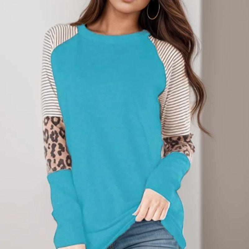 Cross-Border Fashion Autumn New round Neck Stripes Leopard Print Print Contrast Color Raglan Sleeve Long Sleeves T-shirt Women's Fashion All-Matching